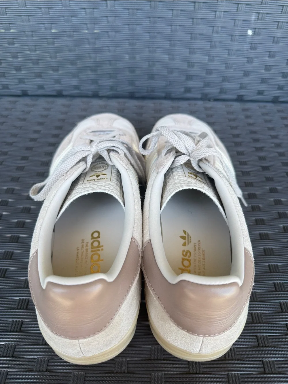Adidas Gazelle Suede Sneakers in Taupe/Brown, Cream, and Gold